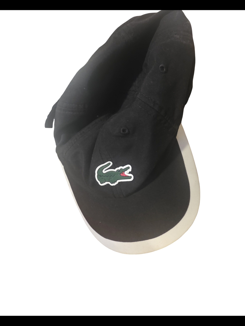 Lacoste Black Baseball Cap with White Trim and Green Croc Logo